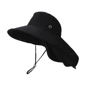 Women's black sun hat with neck flap, wide brim, and pony tail hole for hiking