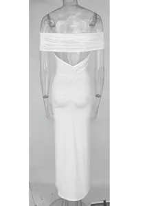 Detailed back view of white off-shoulder backless maxi dress with ruched waist texture