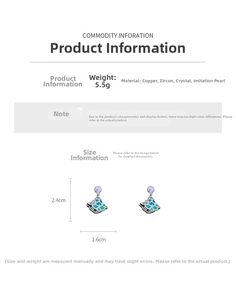 Detail shot of ginkgo leaf earrings with blue zircon, white pearl, and 2.4cm height
