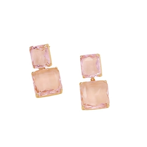 Elegant pink macaron crystal drop earrings with golden metal setting on white background