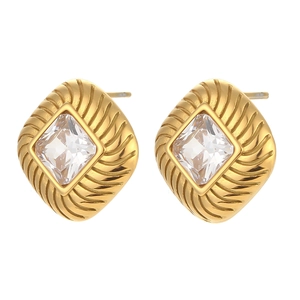 Vintage 18K gold plated stainless steel stud earrings with square zircon stone