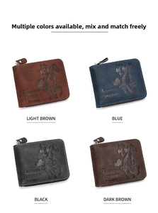 Detail view of tri-fold leather wallets with cowboy embossed patterns in four colors