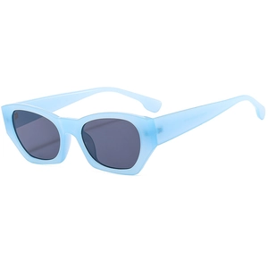 Retro small frame sky blue sunglasses with geometric design and dark grey lenses