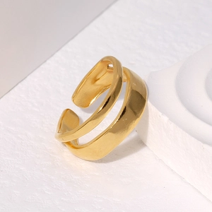 Minimalist double-layered gold titanium steel open ring with adjustable geometric design