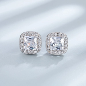 Elegant sterling silver square halo stud earrings with pink gemstone and zircon inlay