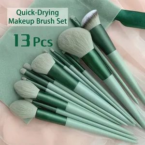 13-piece matcha green makeup brush set with soft bristles for powder and eyeshadow