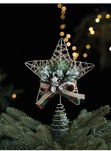 Detailed Christmas tree star topper with rustic twine, pine cones, and a plaid bow