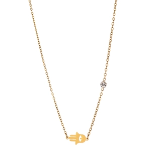 Golden Hamsa necklace with white zircon and cross pendant on a clean white background
