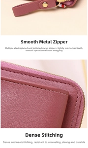 Detailed macro view of the gold-plated zipper and precise stitching on the purple PU bag