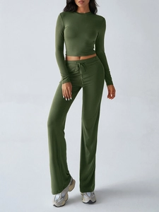 Olive green two-piece yoga set with long sleeve crop top and drawstring pants
