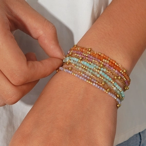 Bohemian multilayer beaded bracelet set with colorful natural stones and gold metal chain