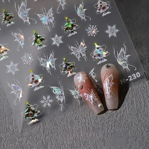 Autocollants ongles papillon 3D holographiques M-230 avec motifs laser de sapins et de flocons