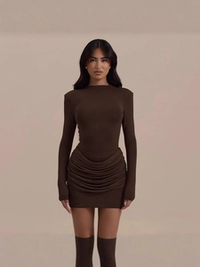 Deep brown long sleeve bodycon dress with elegant side ruched details and slim fit design
