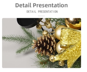 Macro detail of Christmas candle holder with golden ornaments, pine cones and glitter ribbons