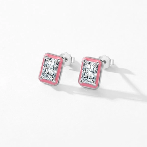 Square silver stud earrings with clear rectangular gem and pink enamel border detail