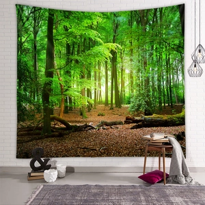 Detailed view of forest landscape tapestry with sunlight on white brick wall background