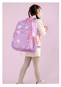 Pink and purple ergonomic school backpack with heart and rabbit prints for girls