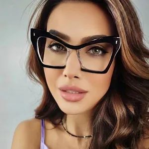 Cat eye anti-blue light glasses with black and white two-tone frames for women