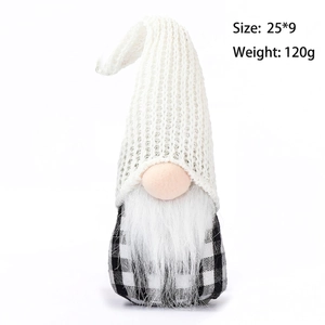 Detail of Christmas gnome plush with white knitted hat and black-white plaid body