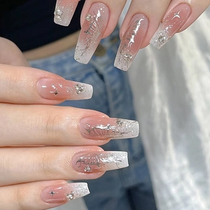 Long Coffin Press On Nails Pink Ombre Silver Butterfly Design Glitter Rhinestones Artificial Fingernails For Women