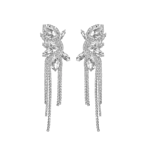 Elegant silver long tassel earrings with shiny glass rhinestones in a bow-knot style