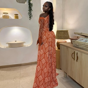 Orange geometric leaf print off-shoulder slim maxi dress with long sleeves for women