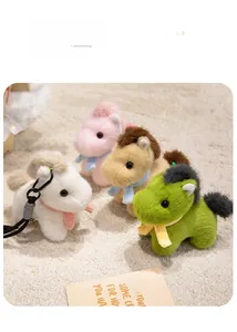 Detail of four colorful plush pony keychains with scarves on soft beige background