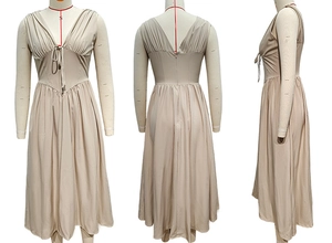 Three-way view of deep V-neck beige dress showing the front, back and side details
