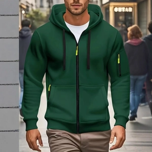 Men's dark green hooded zip-up sweatshirt with utility arm pocket in a casual street style
