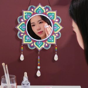 DIY mandala diamond painting hanging mirror with colorful crystals and beaded tassels