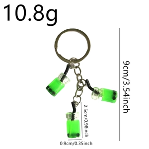 Mini green bubble tea cup keychain with three pendants and metal ring for bags