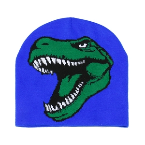 Royal blue knitted beanie featuring a green dinosaur jacquard pattern for winter warmth