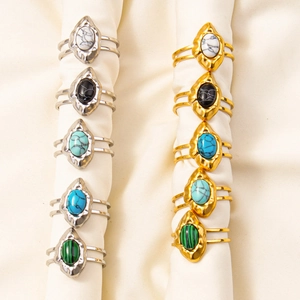 Bohemian Vintage Stainless Steel Ring With Oval Imitation Stone Geometric Adjustable Open Finger Jewelry For Women Men