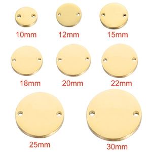 Polished gold stainless steel round tags with double holes in sizes 10mm to 30mm