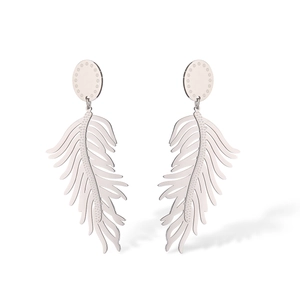 Detail shot of silver feather earrings showing intricate textures and metallic shine