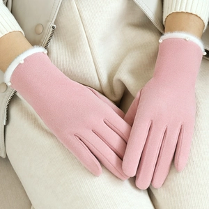 Pink velvet thermal winter gloves with white faux fur trim and pearl beads for women