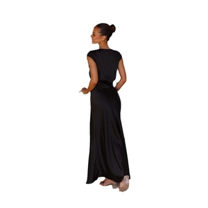 Elegant black satin V-neck mermaid maxi dress for parties seen from the back view