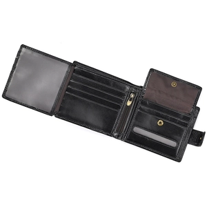 Detail showing the internal layout of genuine leather wallet with card slots and coin pocket