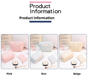 Three-piece floral embossed cosmetic bag set in pink, blue, and beige with shell zippers