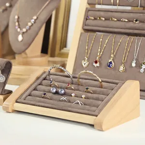 Solid wood jewelry display stand set with velvet lining for rings and necklaces