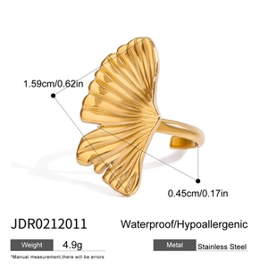 Detailed size parameters of gold ginkgo leaf stainless steel ring with dimensions