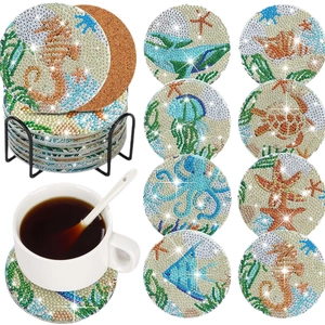5D DIY diamond painting coasters set of 8 with ocean sea life patterns and metal holder
