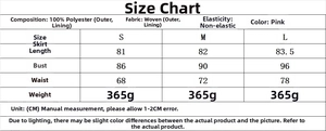 Size chart showing S to L measurements for the pink polyester mini balloon dress