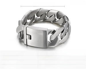 Close-up of 24mm wide brushed stainless steel Cuban link bracelet with size dimensions