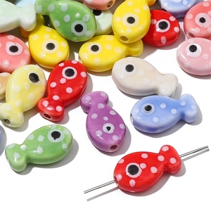Handmade ceramic fish beads with colorful polka dots for DIY jewelry making accessories
