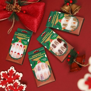 Christmas theme press-on coffin nails set with reindeer and snowflake holiday designs