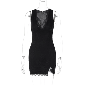 Detail of black lace dress showing deep V-neck, sleeveless cut and floral mesh patterns