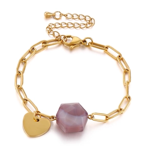 Golden heart charm bracelet with a hexagonal purple gemstone and adjustable paperclip chain
