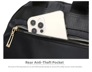 Detailed view of rear anti-theft zipper pocket on Oxford cloth backpack with smartphone