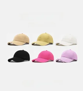 Detail view of cotton baseball caps in six colors with vintage distressed torn brims